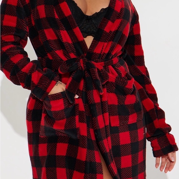 Fashion Nova Always Cozy Plush PJ Robe - Red/Black - Picture 2 of 2